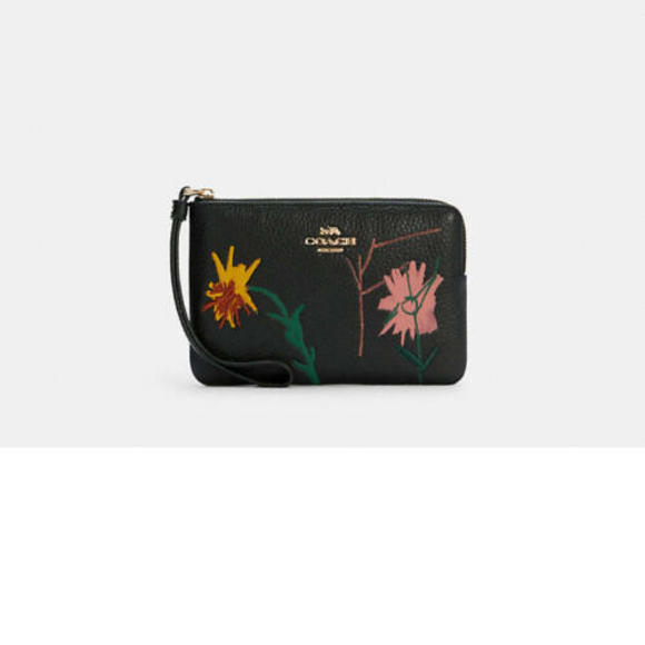 Coach X Jean Michel Basquiat Zip Wristlet Black Leather Handbag Flower Bag NEW - Picture 1 of 6